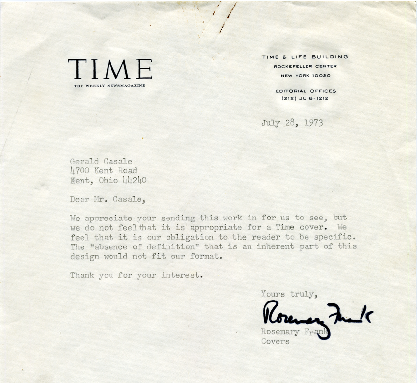 Rejection letter to Gerald Casale from Time Magazine